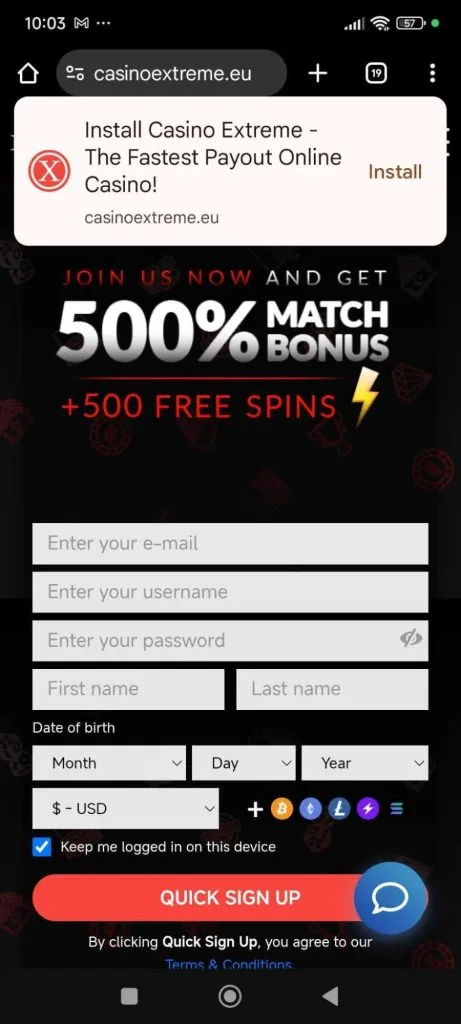 Install the Casino Extreme app pop-up